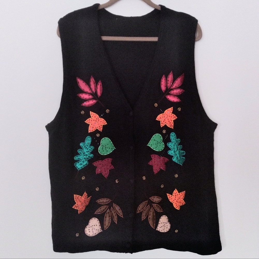 Chocolate Brown Chunky‎ Knit Sweater Vest with Colorful Fall Leaf Appliques XL